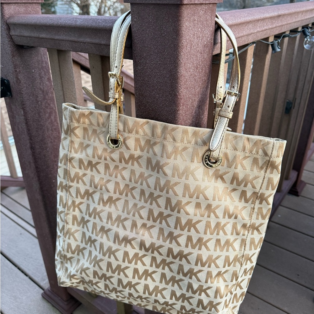 Michael Kors Tan/Beige MK Logo Tote with Gold-Tone Accents